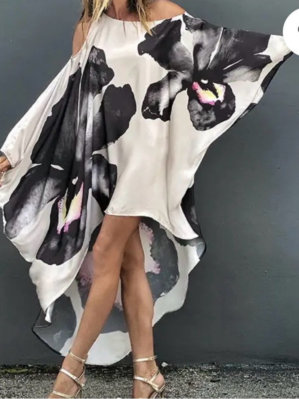 Off-Shoulder High-Low Floral Dress in White and Black with Pink Accent